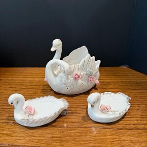 Vintage Porcelain Swan Trinket Dish Set – Hand-Painted Roses, Gold Accents